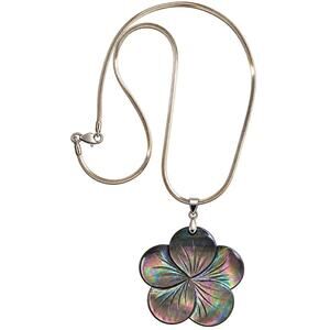 Vintage 18k Gold Plate Mother Of Pearl Hibiscus Pendant Sterling Silver Chain